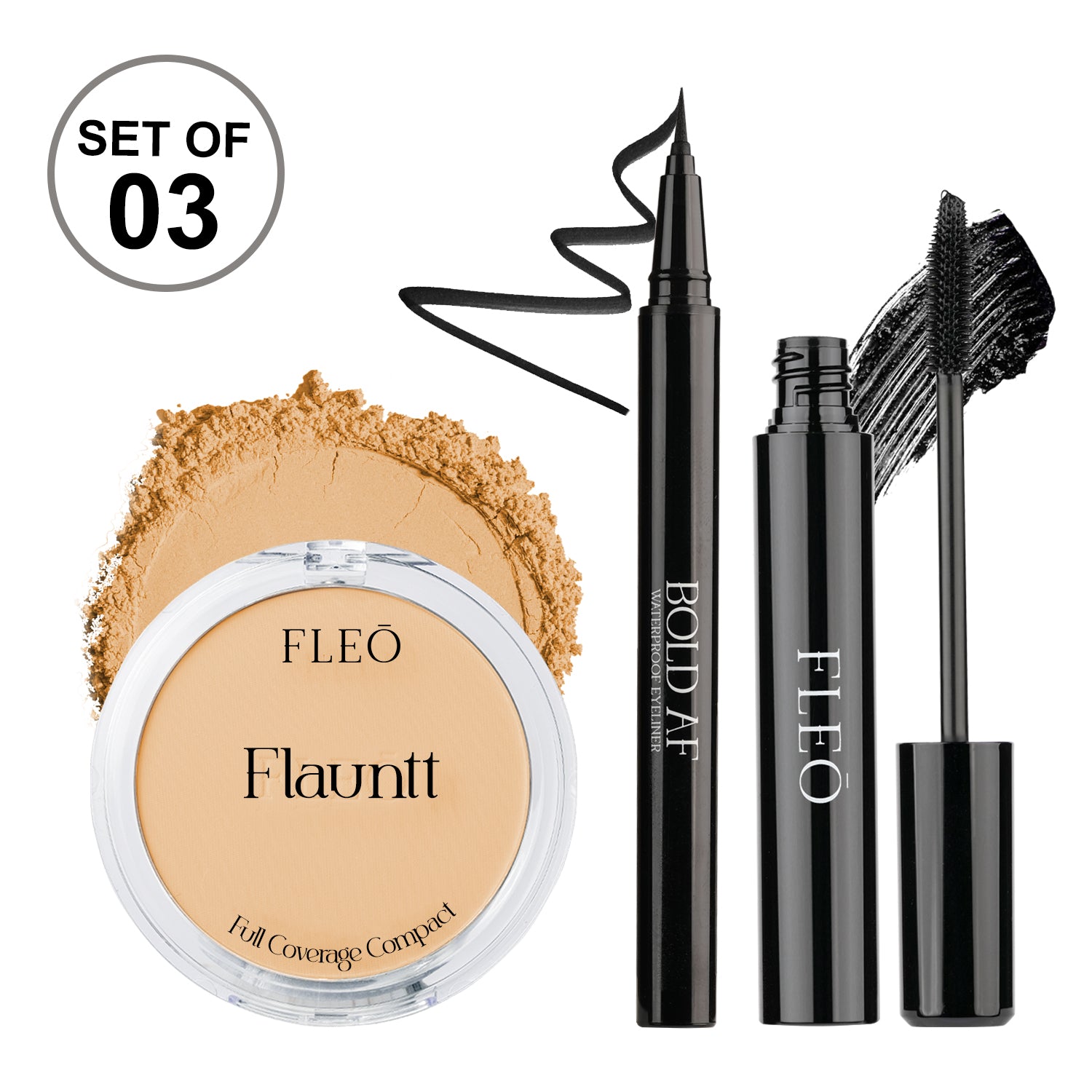 Flauntt Full Coverage Compact Shade- BEIGE 03, Bold AF Waterproof Eyeliner & Midnight Affair Waterproof Mascara