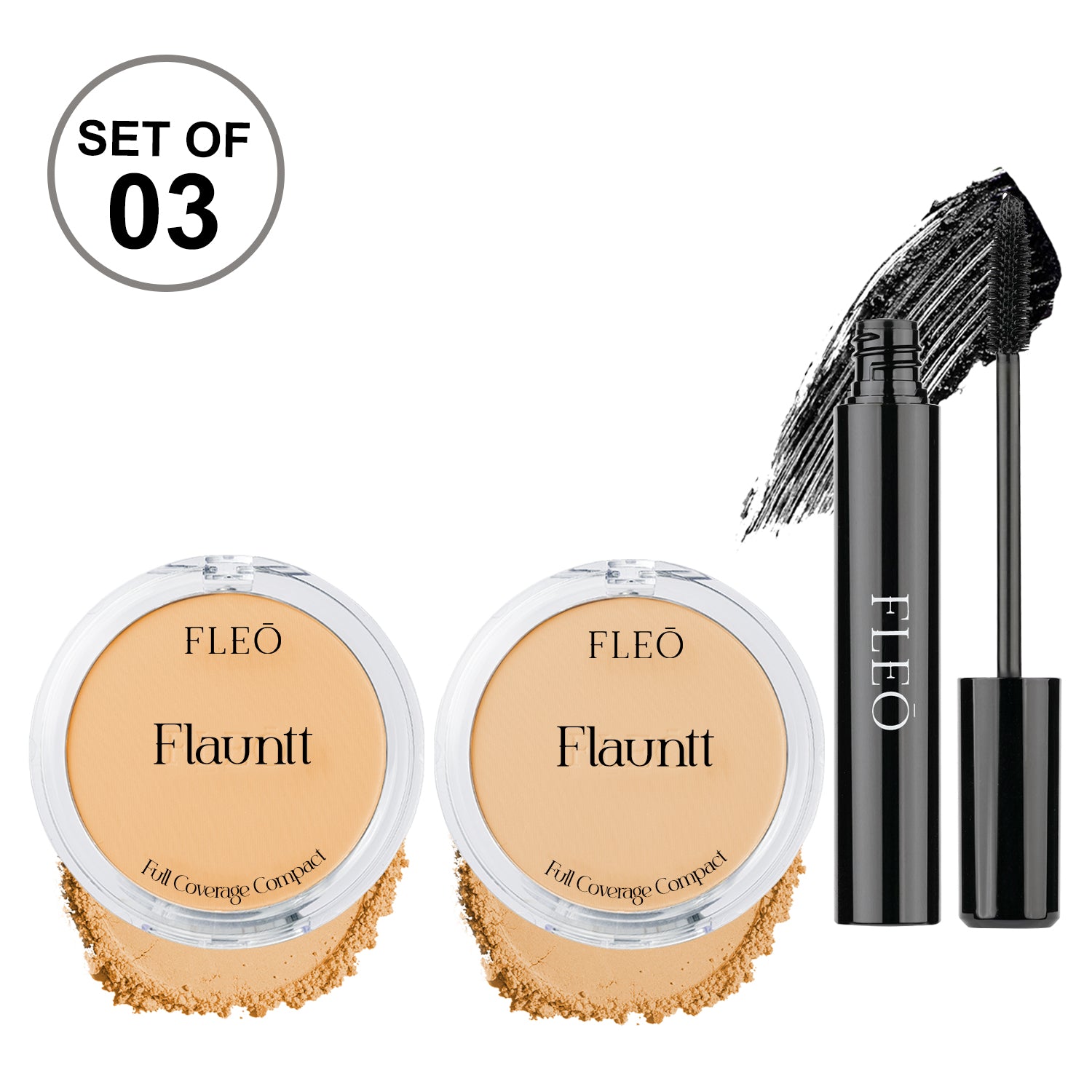 Flauntt Full Coverage Compact Shade- BUFF 04, BEIGE 03 & Midnight Affair Waterproof Mascara