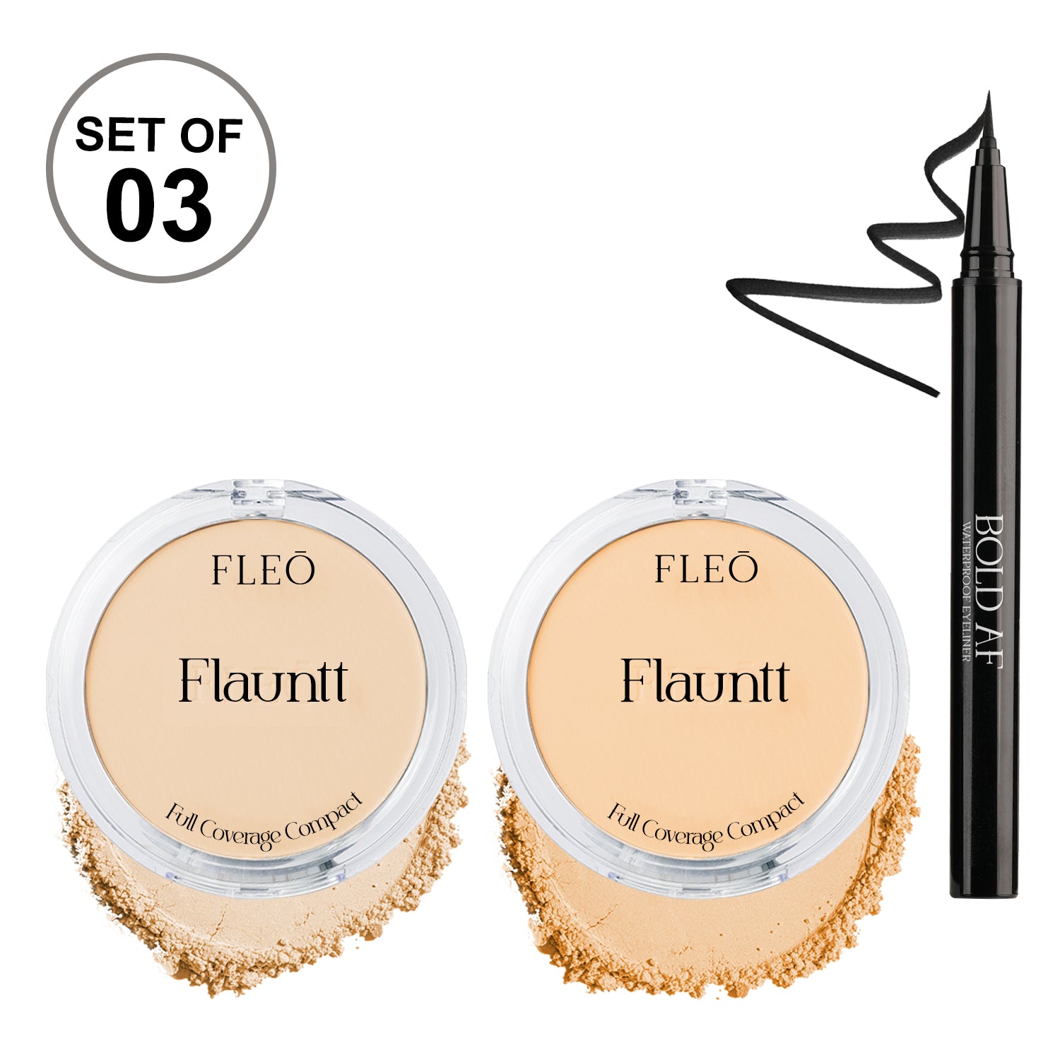 Flauntt Full Coverage Compact Shade- Natural 01, SAND 02 & Bold AF Waterproof Eyeliner