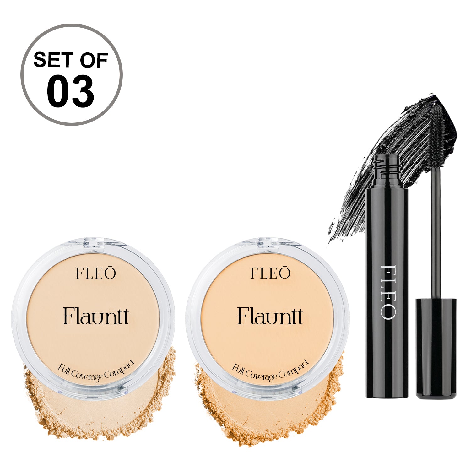 Flauntt Full Coverage Compact Shade- Natural 01, SAND 02 & Midnight Affair Waterproof Mascara