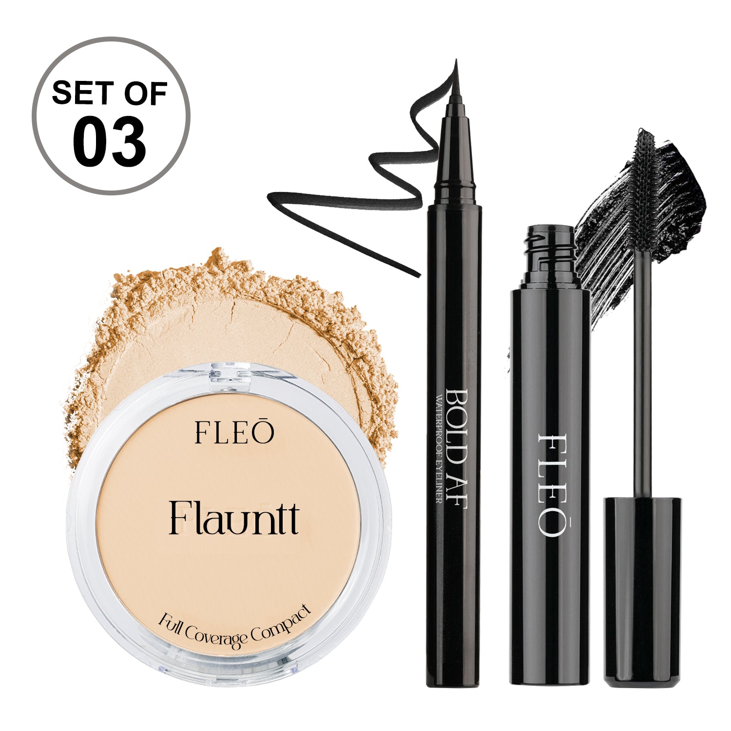 Flauntt Full Coverage Compact Shade- Natural 01, Bold AF Waterproof Eyeliner & Midnight Affair Waterproof Mascara