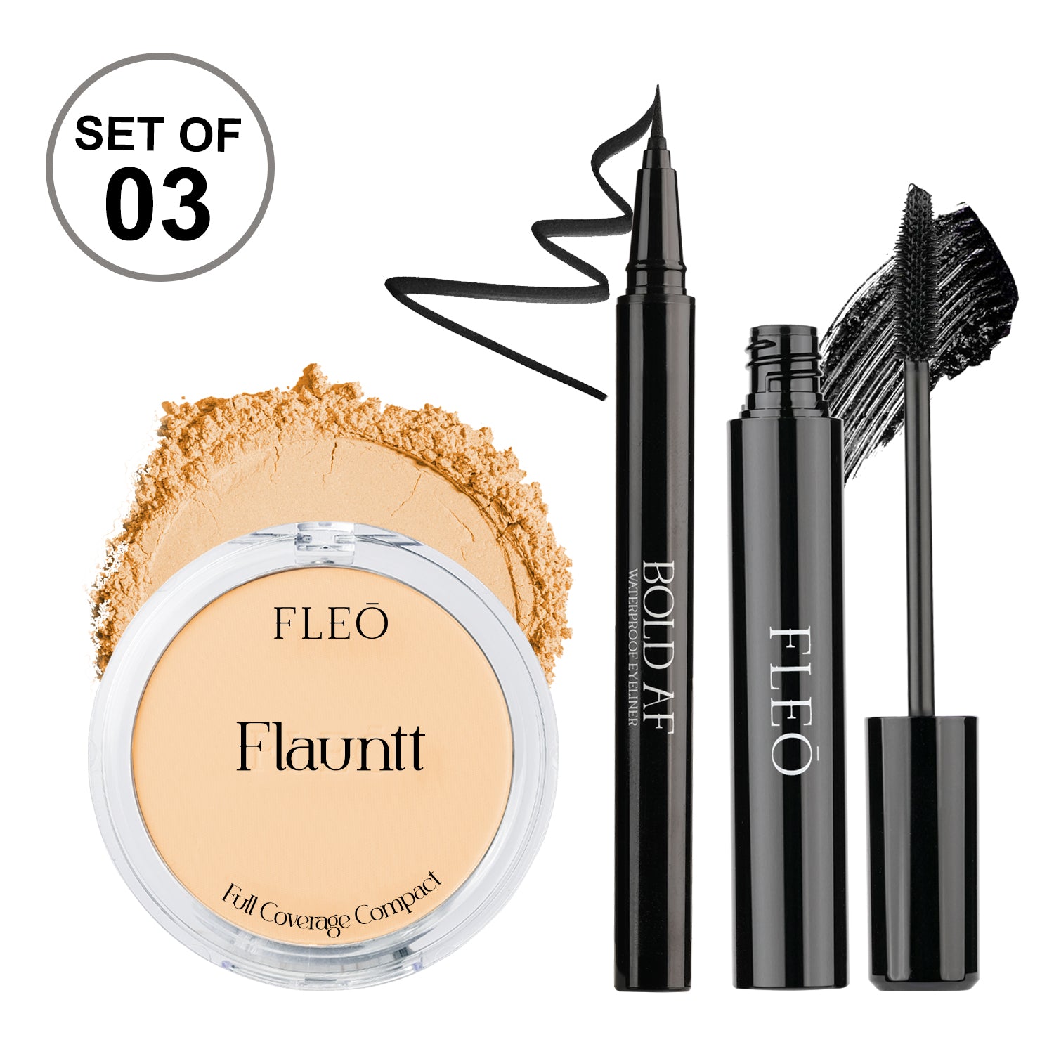 Flauntt Full Coverage Compact Shade- SAND 02, Bold AF Waterproof Eyeliner & Midnight Affair Waterproof Mascara